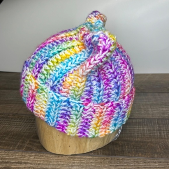 Handcrafted Crochet Winter Hat Rainbow Ice Yarn White Big Twist Cat Ear Ribbed - Picture 4 of 14